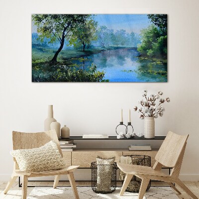 Schilderij op glas Een vredig landschap aan de rivier