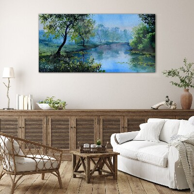 Schilderij op glas Een vredig landschap aan de rivier