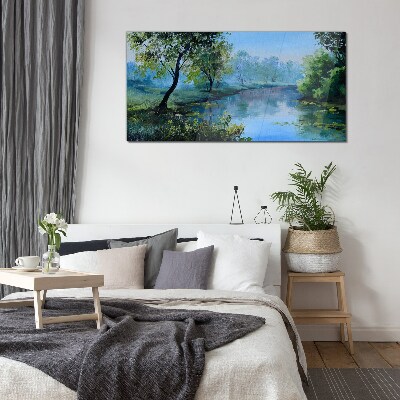 Schilderij op glas Een vredig landschap aan de rivier