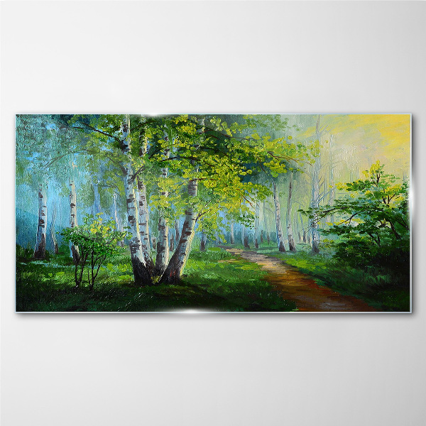 Foto op glas Groen bos in de ochtendmist