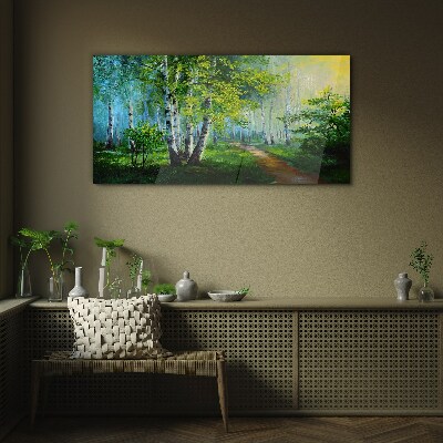 Foto op glas Groen bos in de ochtendmist