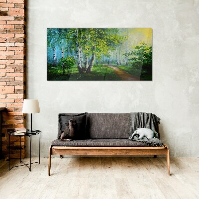 Foto op glas Groen bos in de ochtendmist