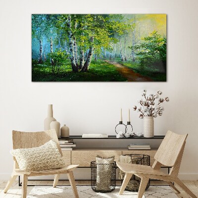 Foto op glas Groen bos in de ochtendmist