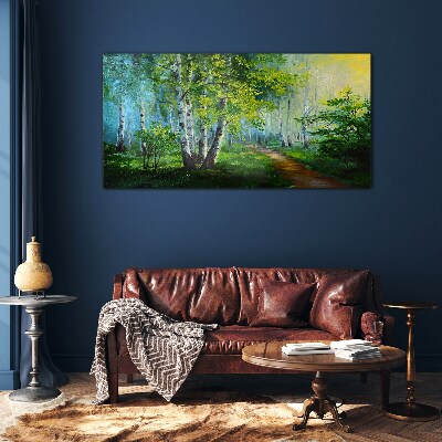 Foto op glas Groen bos in de ochtendmist