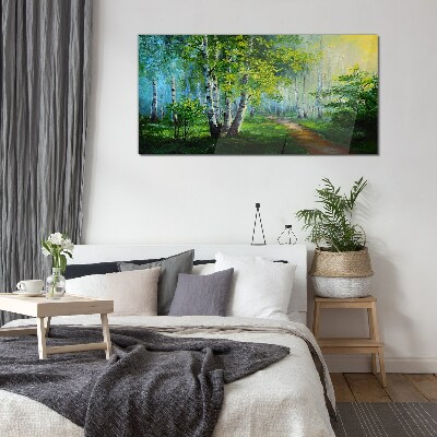 Foto op glas Groen bos in de ochtendmist