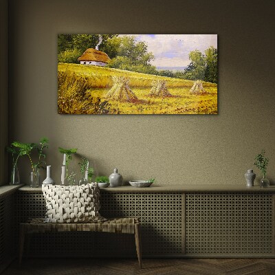 Schilderij op glas Gouden velden en een landhuis