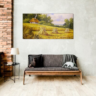 Schilderij op glas Gouden velden en een landhuis