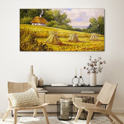 Schilderij op glas Gouden velden en een landhuis