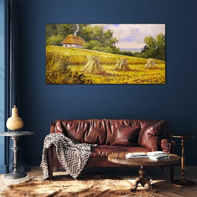 Schilderij op glas Gouden velden en een landhuis