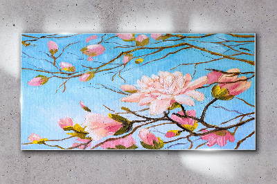 Glas foto Magnoliabloemen op een blauwe achtergrond