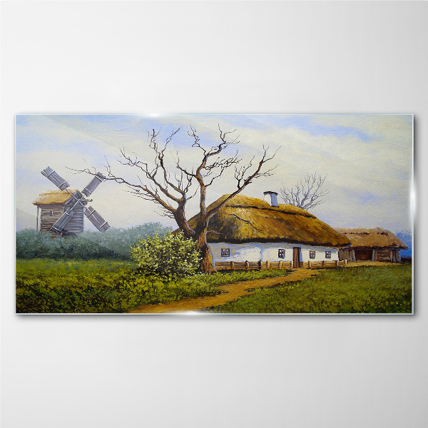 Glas foto Landelijk landschap met een windmolen