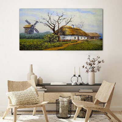 Glas foto Landelijk landschap met een windmolen