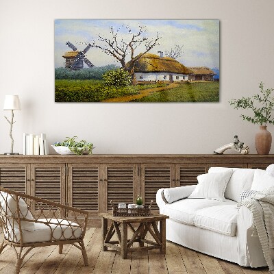 Glas foto Landelijk landschap met een windmolen