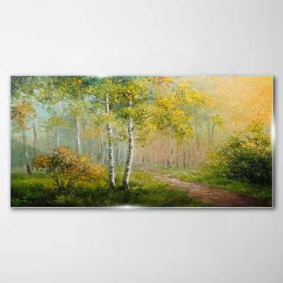 Schilderij op glas Bospad in gouden mist