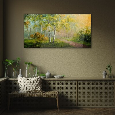 Schilderij op glas Bospad in gouden mist