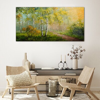 Schilderij op glas Bospad in gouden mist