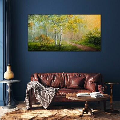 Schilderij op glas Bospad in gouden mist