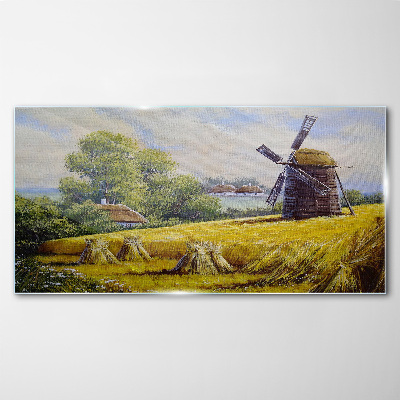 Glas foto Landelijk landschap met een windmolen
