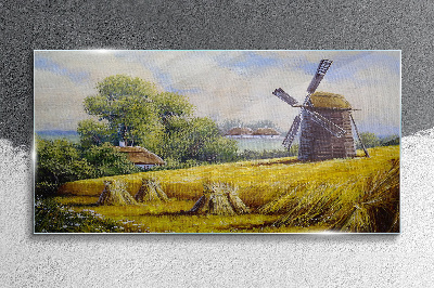Glas foto Landelijk landschap met een windmolen