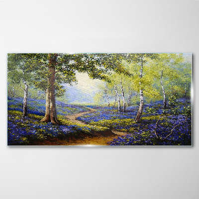 Schilderij op glas Een bloemenlaan in een boslandschap