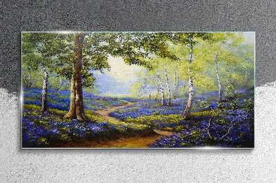 Schilderij op glas Een bloemenlaan in een boslandschap