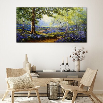 Schilderij op glas Een bloemenlaan in een boslandschap