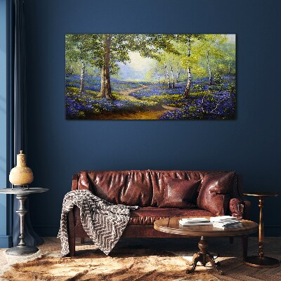 Schilderij op glas Een bloemenlaan in een boslandschap