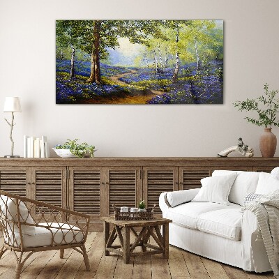 Schilderij op glas Een bloemenlaan in een boslandschap