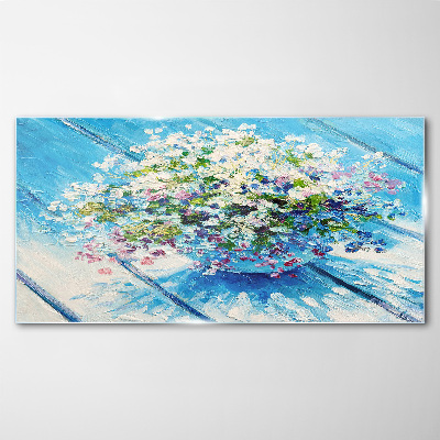 Schilderij op glas Bloemencompositie op een blauwe achtergrond