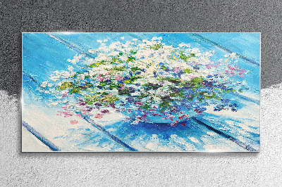 Schilderij op glas Bloemencompositie op een blauwe achtergrond