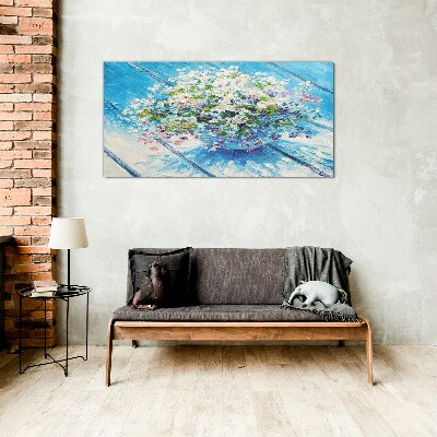 Schilderij op glas Bloemencompositie op een blauwe achtergrond