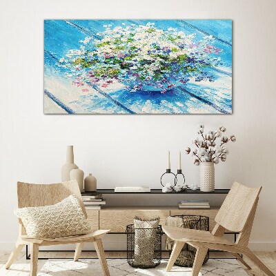 Schilderij op glas Bloemencompositie op een blauwe achtergrond