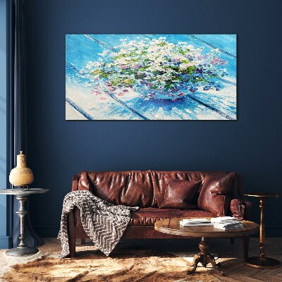 Schilderij op glas Bloemencompositie op een blauwe achtergrond