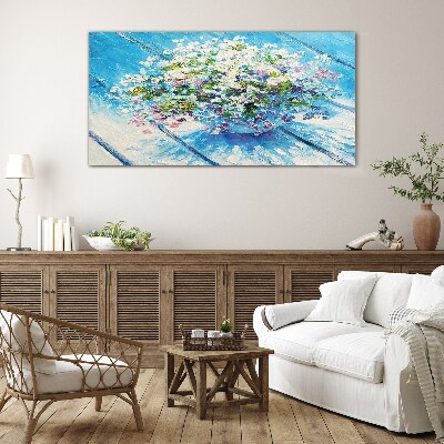 Schilderij op glas Bloemencompositie op een blauwe achtergrond