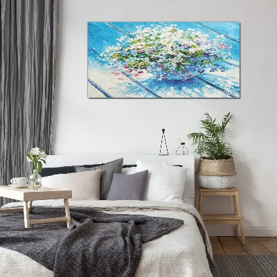 Schilderij op glas Bloemencompositie op een blauwe achtergrond