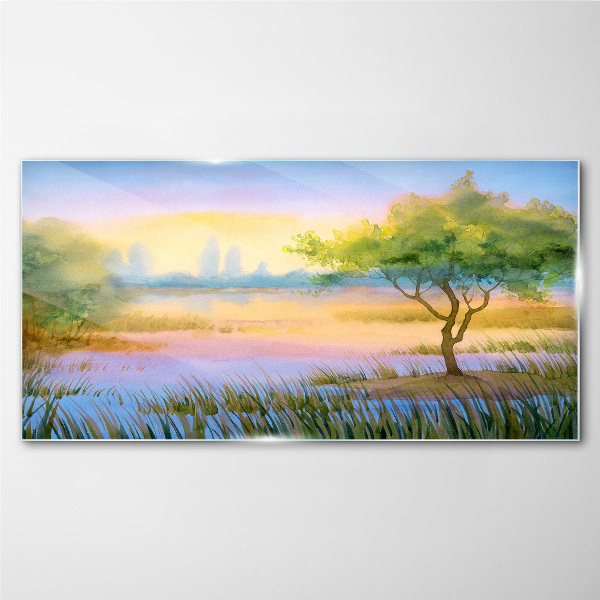 Foto op glas Ochtendrust aan het meer