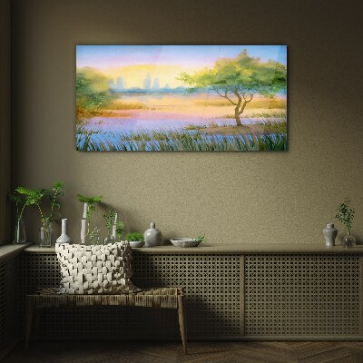 Foto op glas Ochtendrust aan het meer