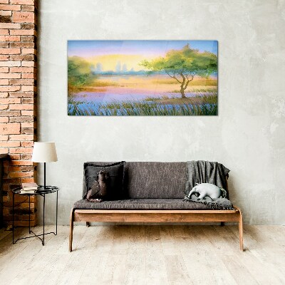 Foto op glas Ochtendrust aan het meer