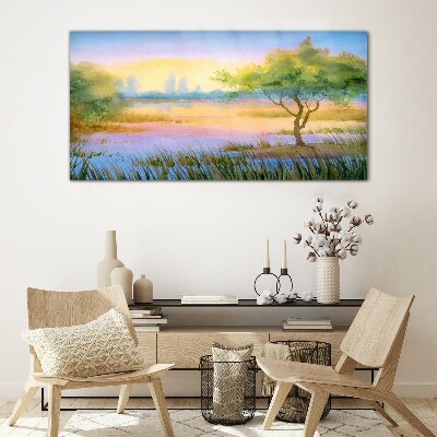 Foto op glas Ochtendrust aan het meer