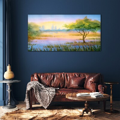 Foto op glas Ochtendrust aan het meer