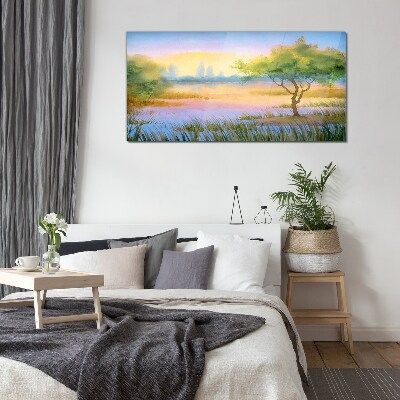 Foto op glas Ochtendrust aan het meer