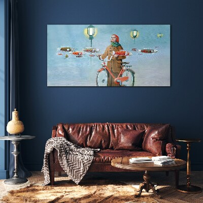 Schilderij op glas De visreis van een fietser
