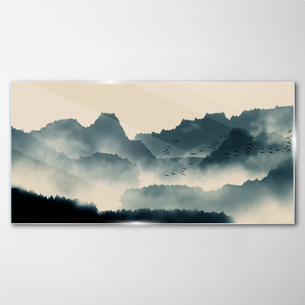 Glas foto Mistig berglandschap met vogels