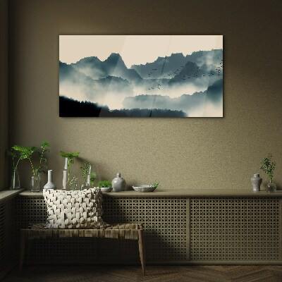Glas foto Mistig berglandschap met vogels