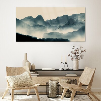 Glas foto Mistig berglandschap met vogels