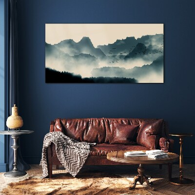 Glas foto Mistig berglandschap met vogels