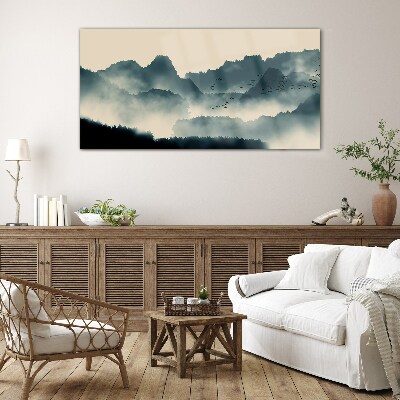 Glas foto Mistig berglandschap met vogels