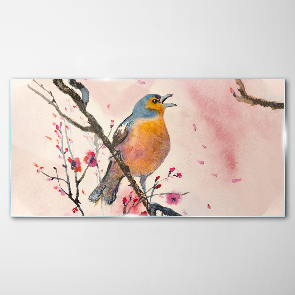 Schilderij op glas Een zingende vogel in een lentelandschap