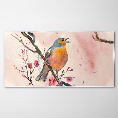 Schilderij op glas Een zingende vogel in een lentelandschap