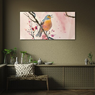 Schilderij op glas Een zingende vogel in een lentelandschap